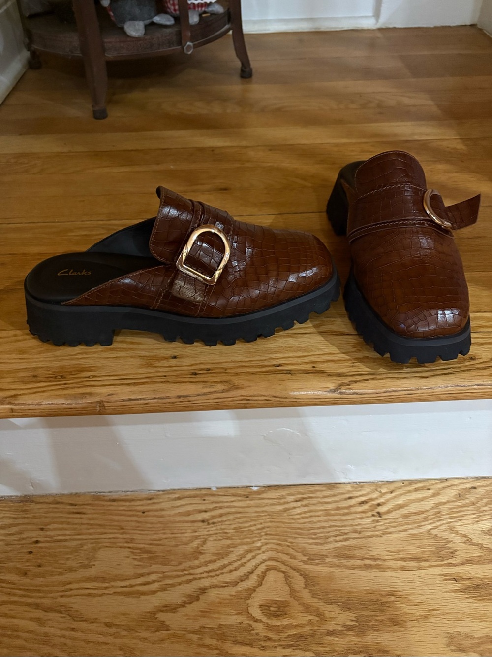 Clarks Brown Croc-Embossed Buckle Mule Clogs